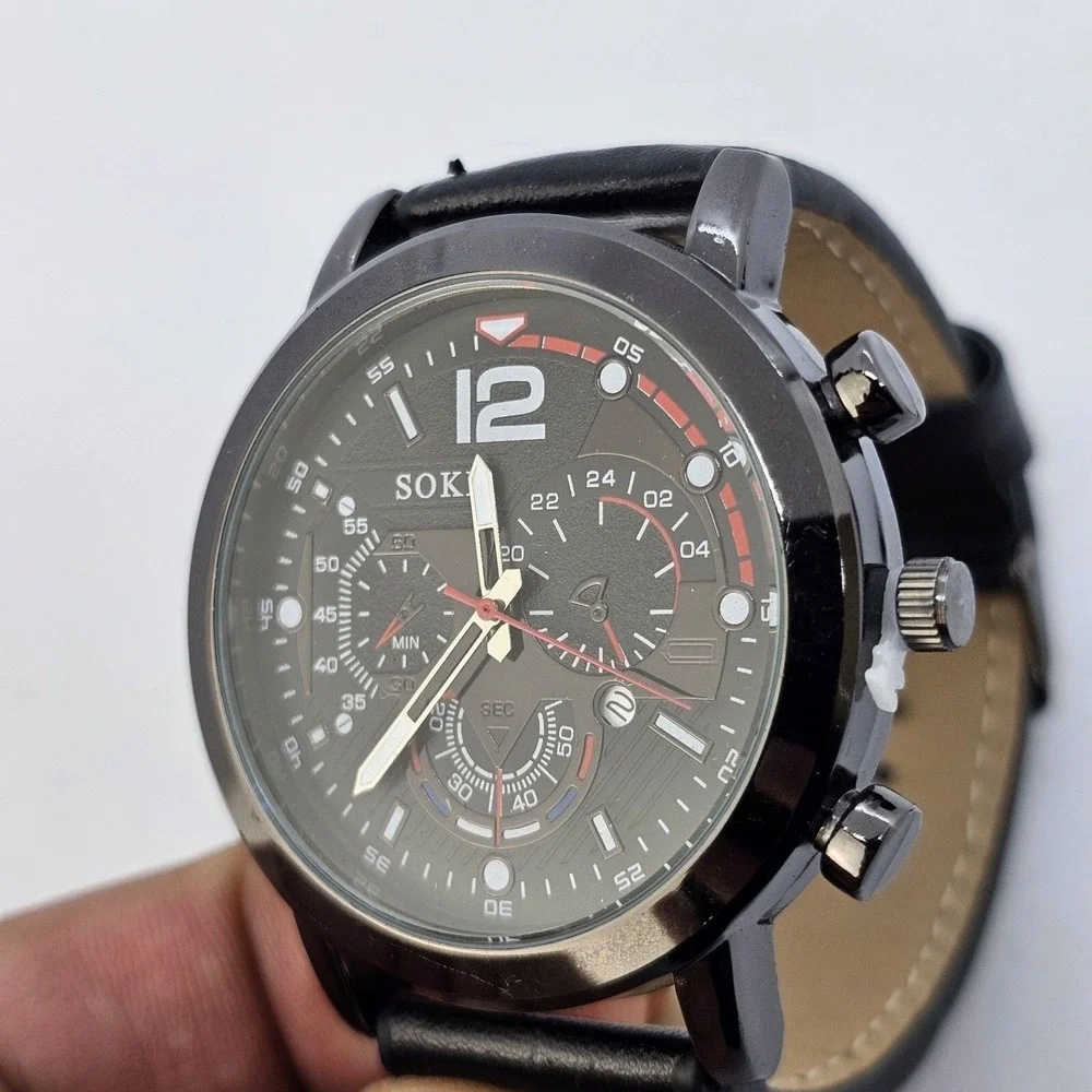 2PC Men's Watch Bracelet Set 45MM Black Dial Date Black‎ Leather Bands Working
